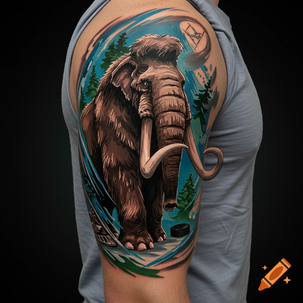 A vibrant tattoo of a woolly mammoth standing in a snowy forest with a hockey stick and puck, on a person's upper arm.