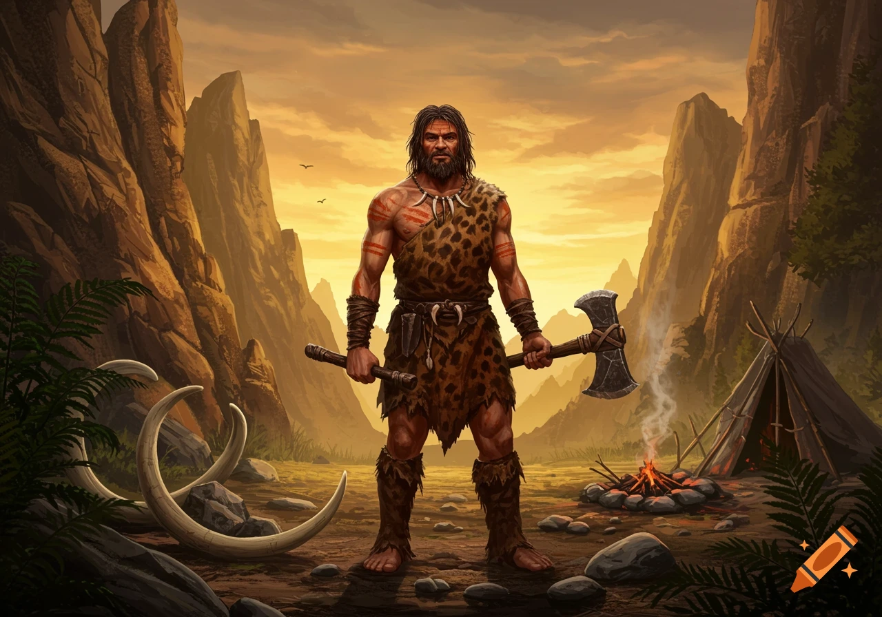 Muscular caveman with beard, in leopard print, holds an axe and spear, standing in a rocky landscape with a sunset, campfire, and mammoth tusks. Digital illustration.