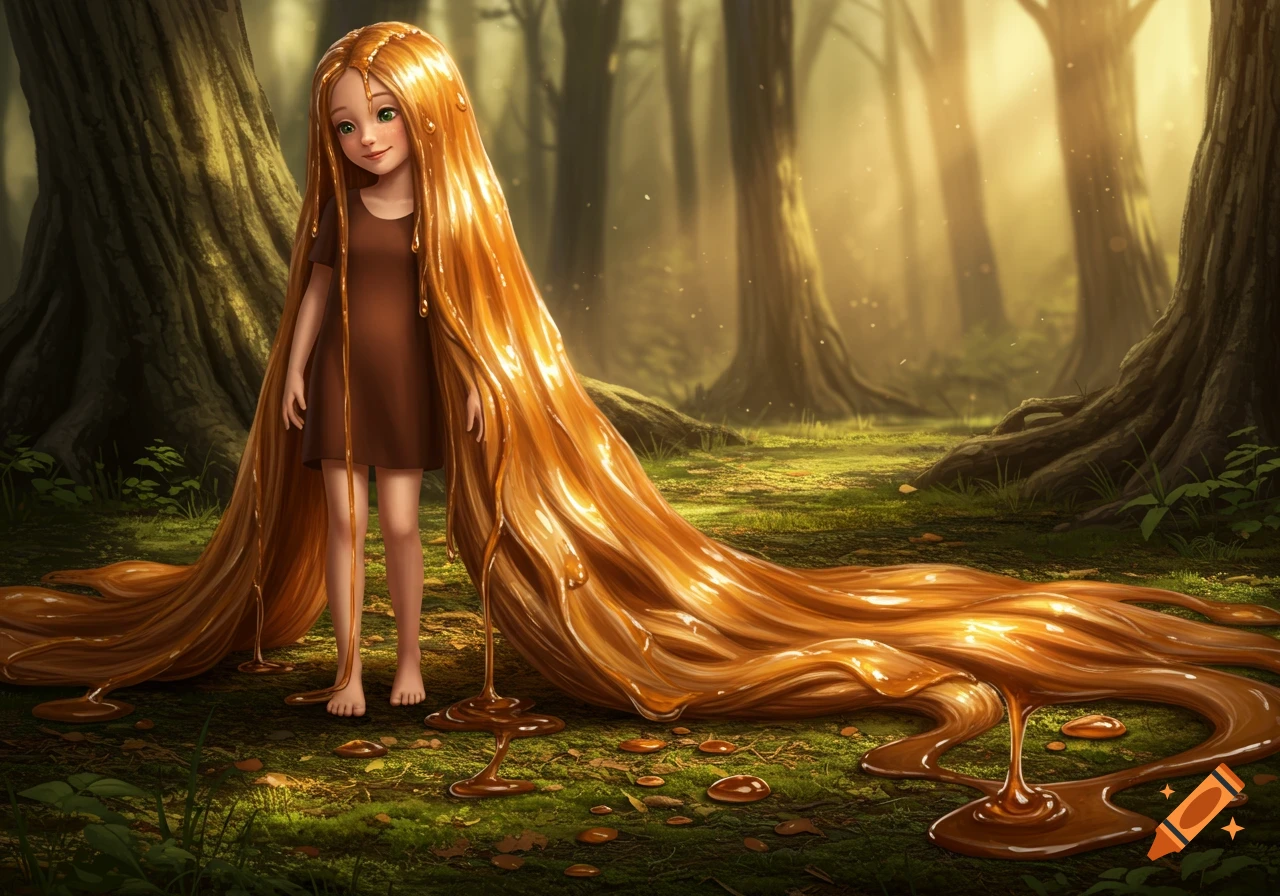 A young girl with extremely long, golden, syrup-like hair flowing across a forest floor, with syrup dripping from her hair.