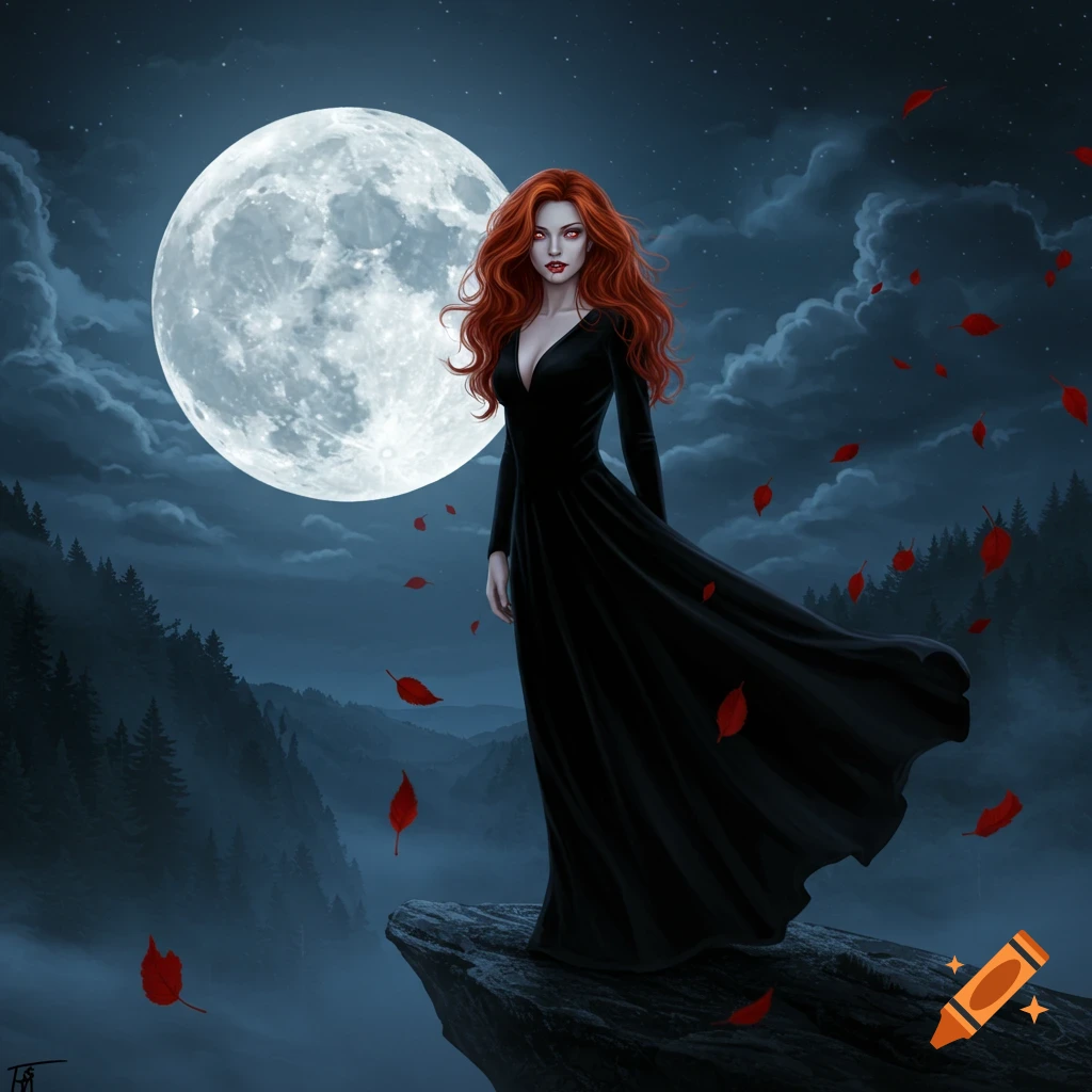 A long-haired redhead vampire in a black dress stands on a cliff overlooking a valley under a large full moon, with red leaves falling.