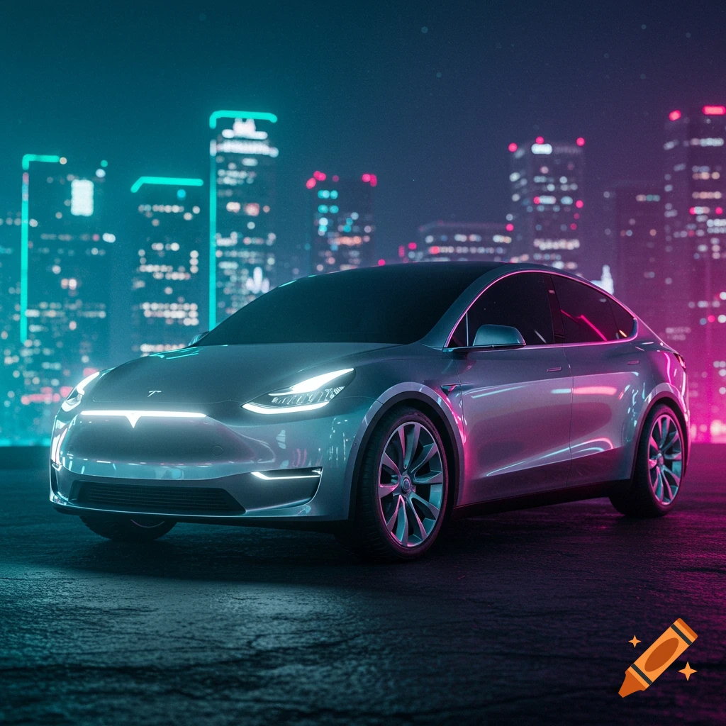 A silver Tesla car with glowing headlights parked on a street at night, with a neon-lit city skyline in the background.