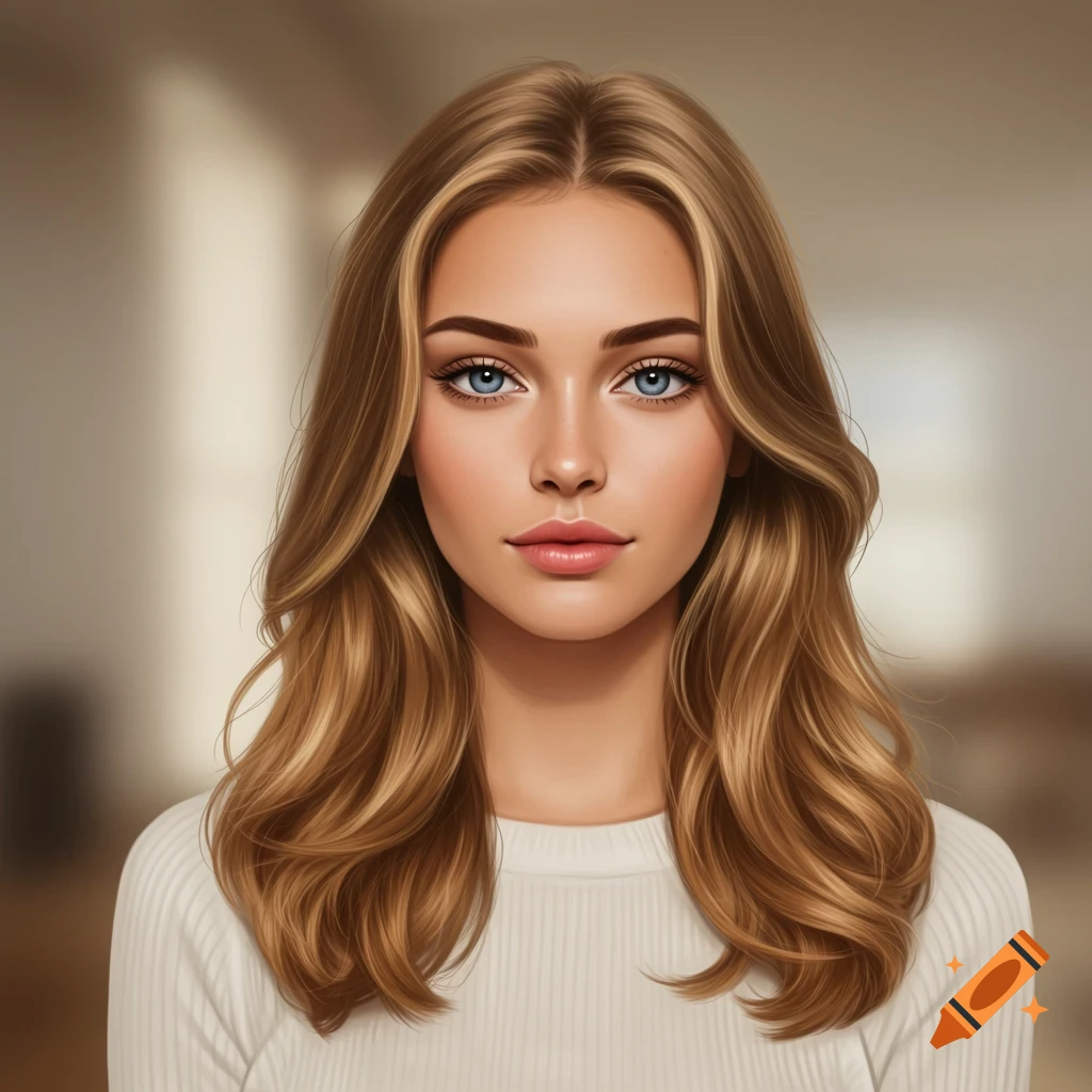 A detailed portrait of a young woman with long wavy blonde hair and blue eyes, wearing a white top, against a blurred background.
