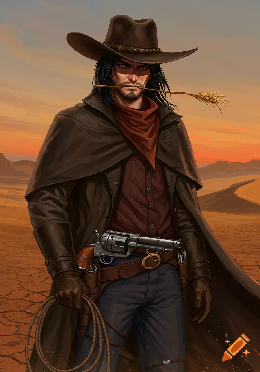 A stylized illustration of a cowboy in a duster coat and hat, holding a lasso and revolver, with a wheat stalk in his mouth, in a desert at sunset.
