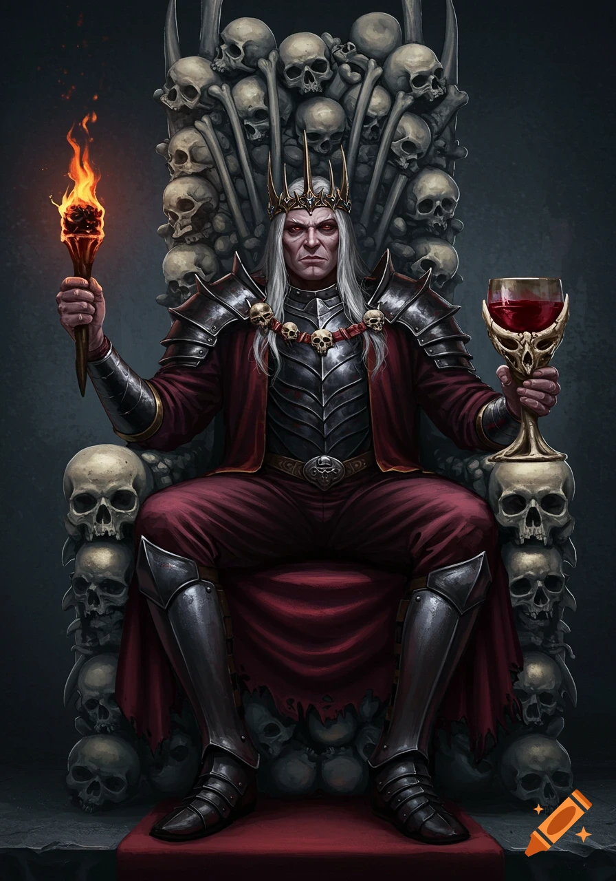 A dark fantasy king with long white hair and a crown sits on a throne of skulls, holding a flaming torch and a skull chalice.