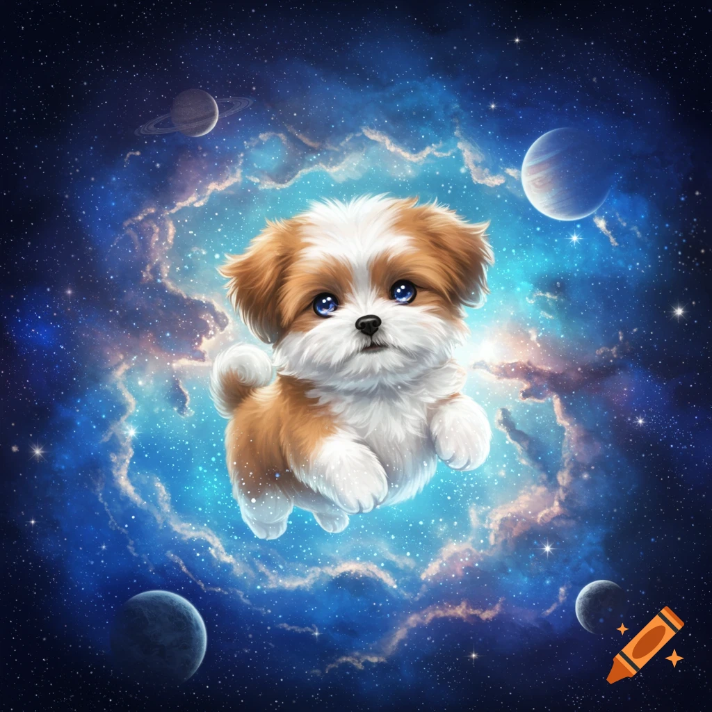 A fluffy brown and white puppy with blue eyes floats in a vibrant blue and purple nebula with stars and distant planets.