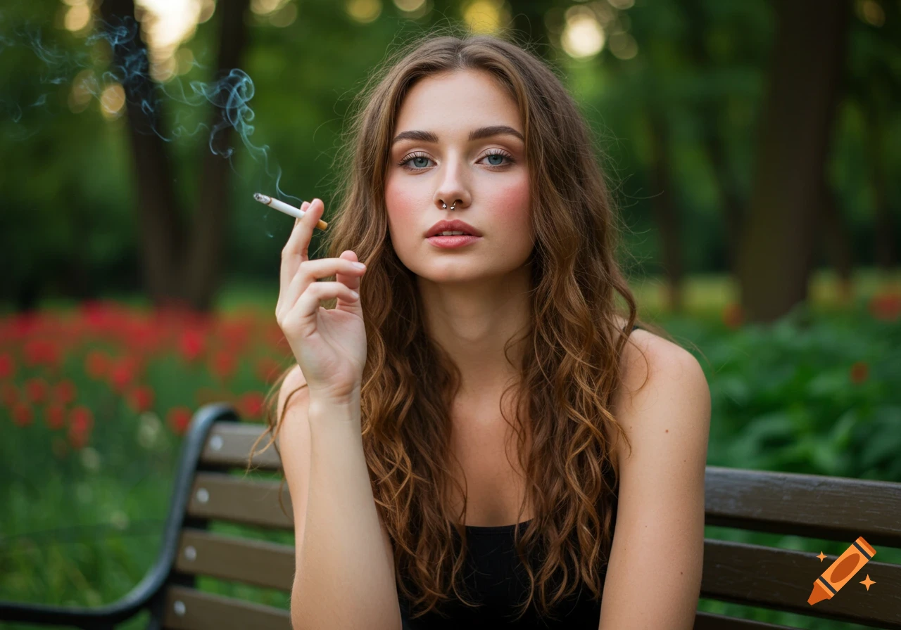 A young woman with a pierced septum sits on a bench outdoors, smoking a cigarette.