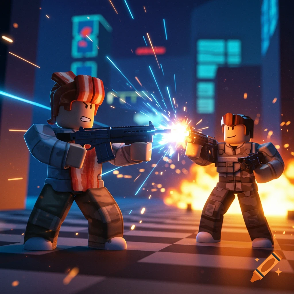 Two Roblox characters, one with bacon hair, in a gunfight with muzzle flashes and sparks in a dark, urban setting.