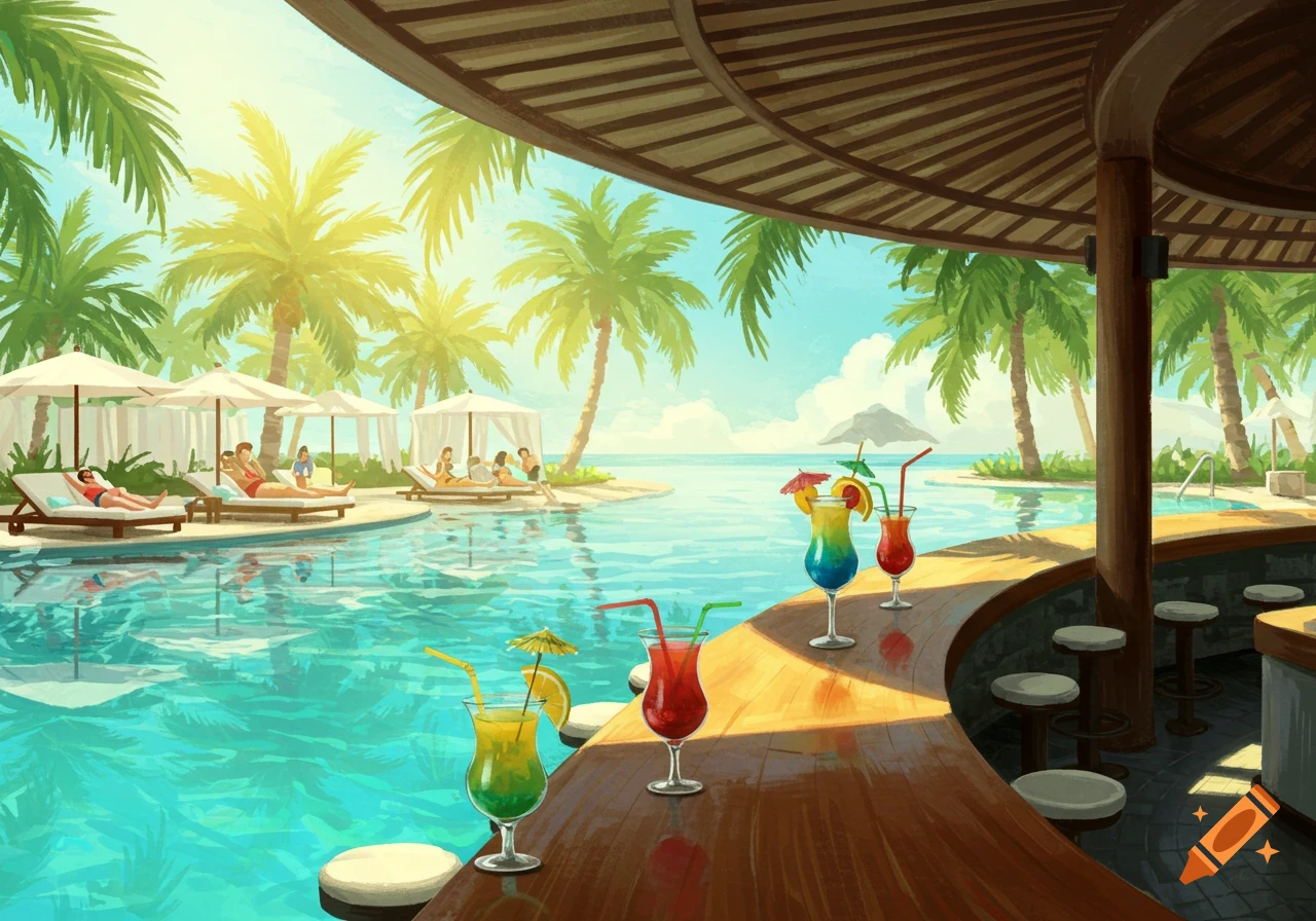 Colorful illustration of a tropical pool bar with lounge chairs, palm trees, and vibrant drinks on the counter.
