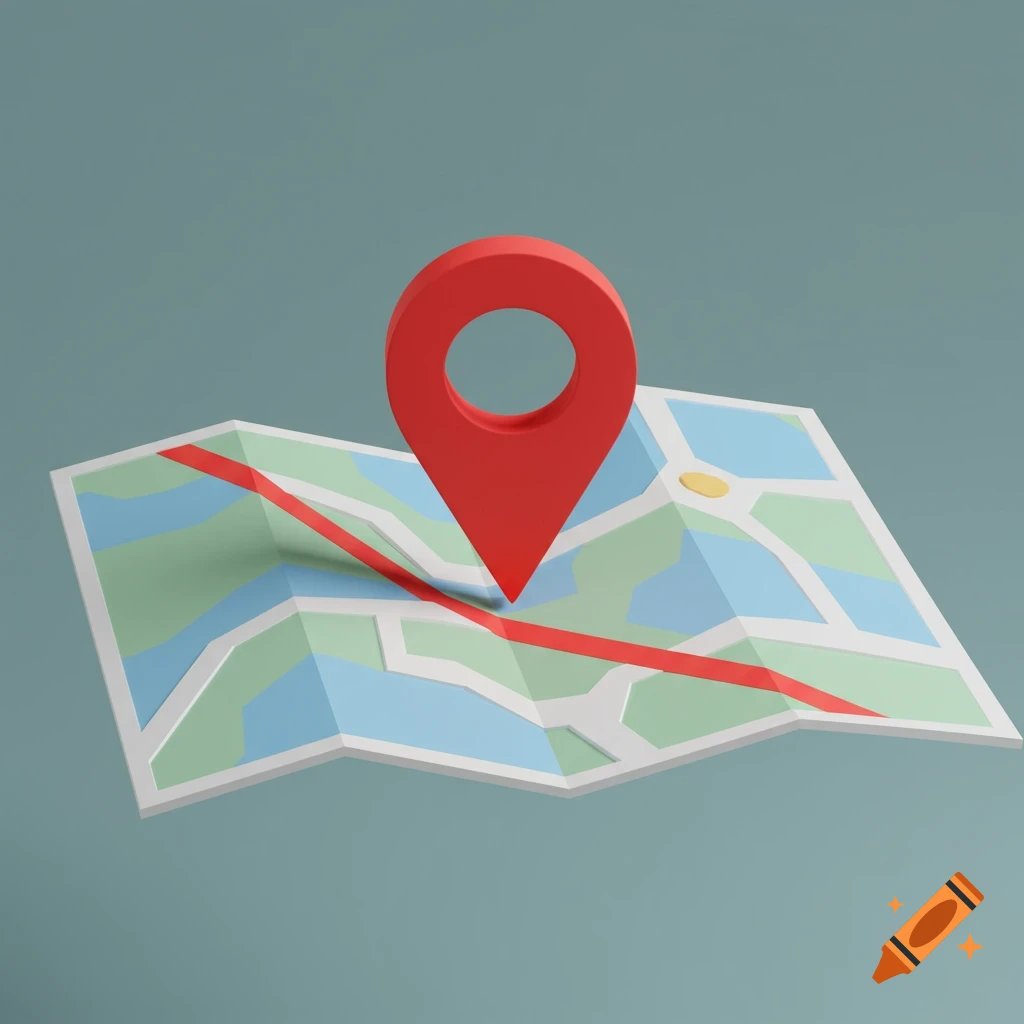 A low-poly 3D rendering of a folded map with a red location pin.