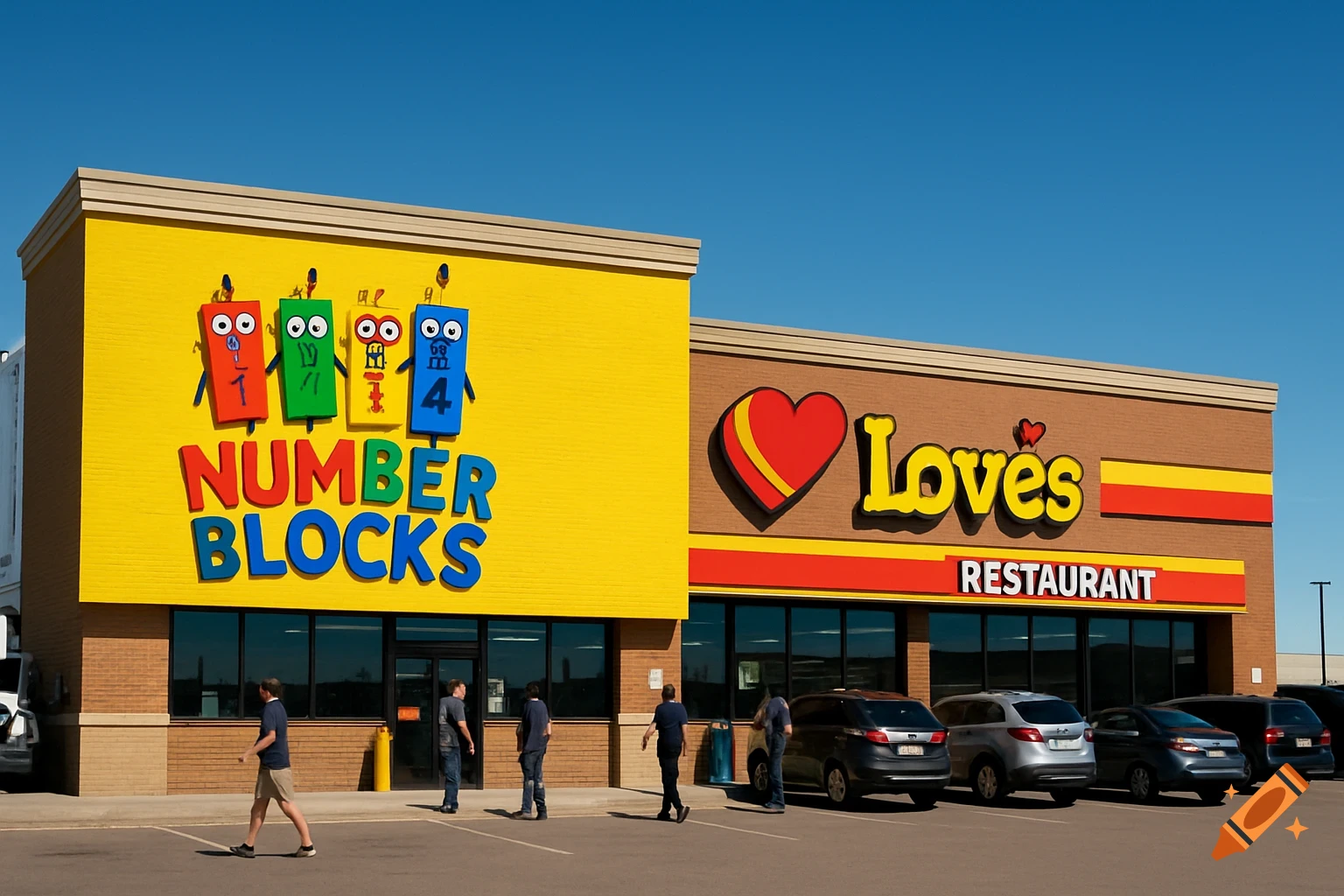 A yellow building with a colorful "NUMBER BLOCKS" logo next to a brown building with a "Love's RESTAURANT" sign, under a clear blue sky. People walk in front of the buildings.