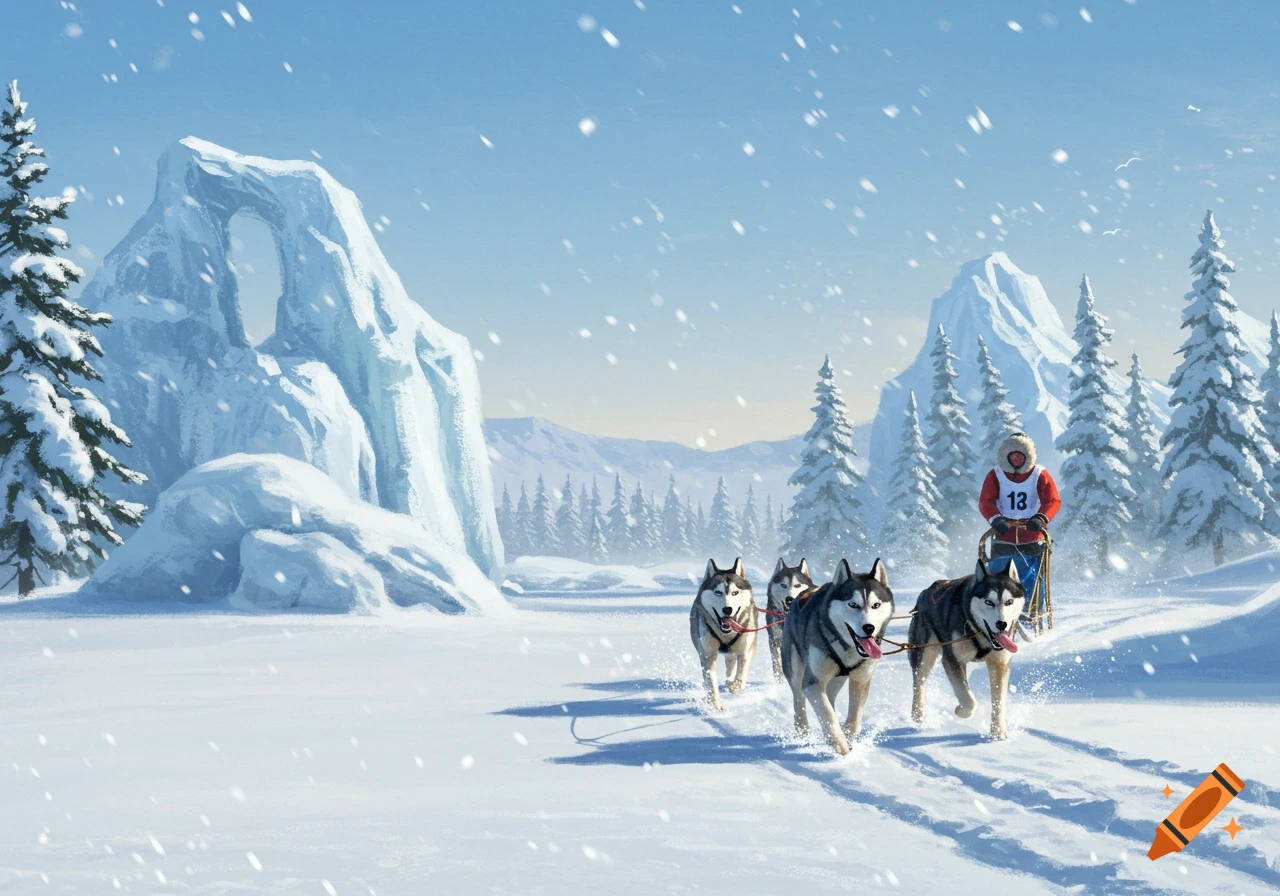 A musher on a dog sled pulled by huskies through a snowy winter landscape with mountains and evergreen trees.