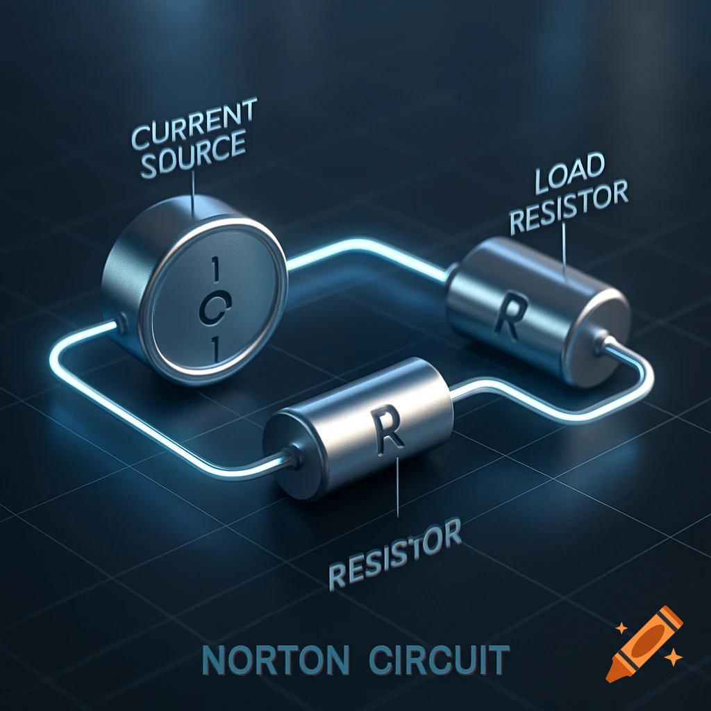 A 3D rendering of a Norton circuit diagram with a current source, load resistor, and resistor, connected by glowing blue wires.