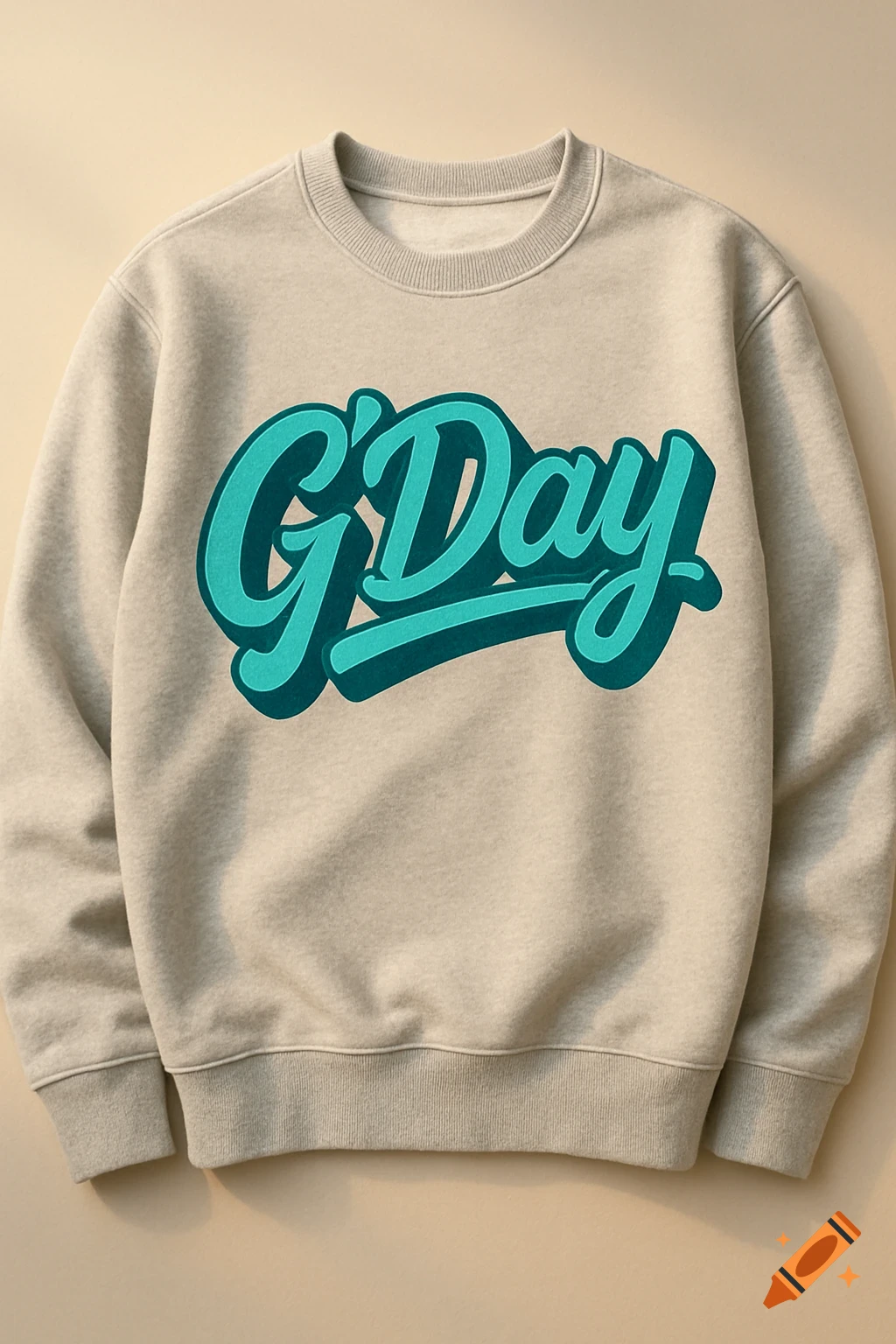 A light beige sweatshirt featuring the phrase 'G'Day' in bold, teal blue script across the front.
