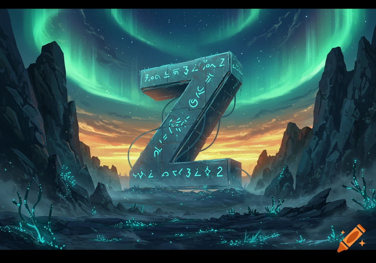 A giant stone letter Z with glowing alien runes stands in a mystical alien landscape under a starry sky with a vibrant green aurora.