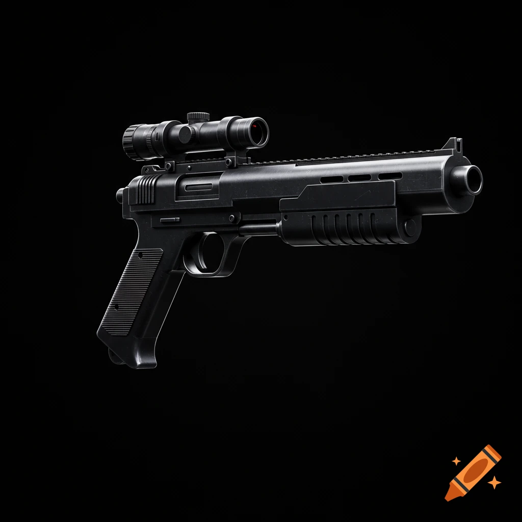 A sleek, black futuristic marksman blaster with a scope on a black background.