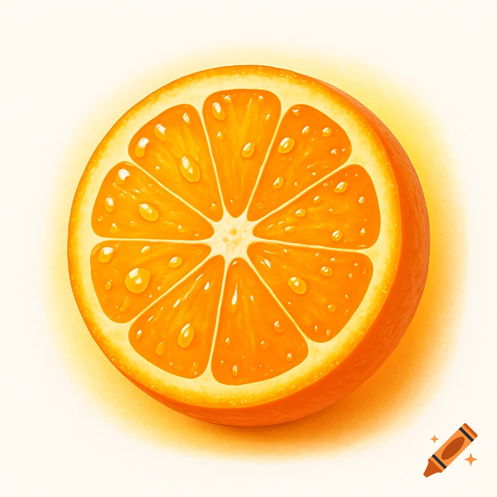 A vibrant illustration of a cross-section of an orange with water droplets on its segments.
