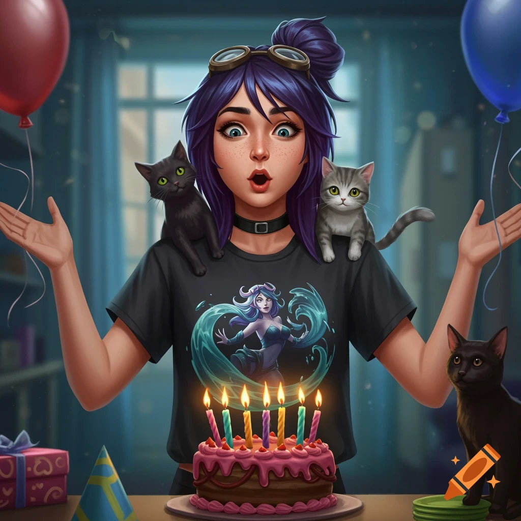 An illustrated young woman with purple hair, goggles, a black shirt, two cats on her shoulders, a birthday cake, and balloons.