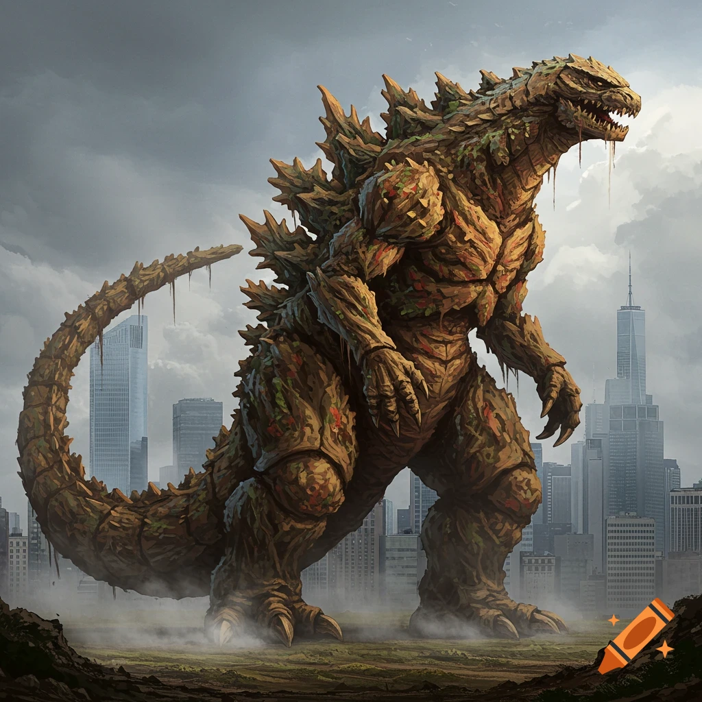 A giant, textured Godzilla-like monster made of earthy material stands in a destroyed cityscape under a cloudy sky.