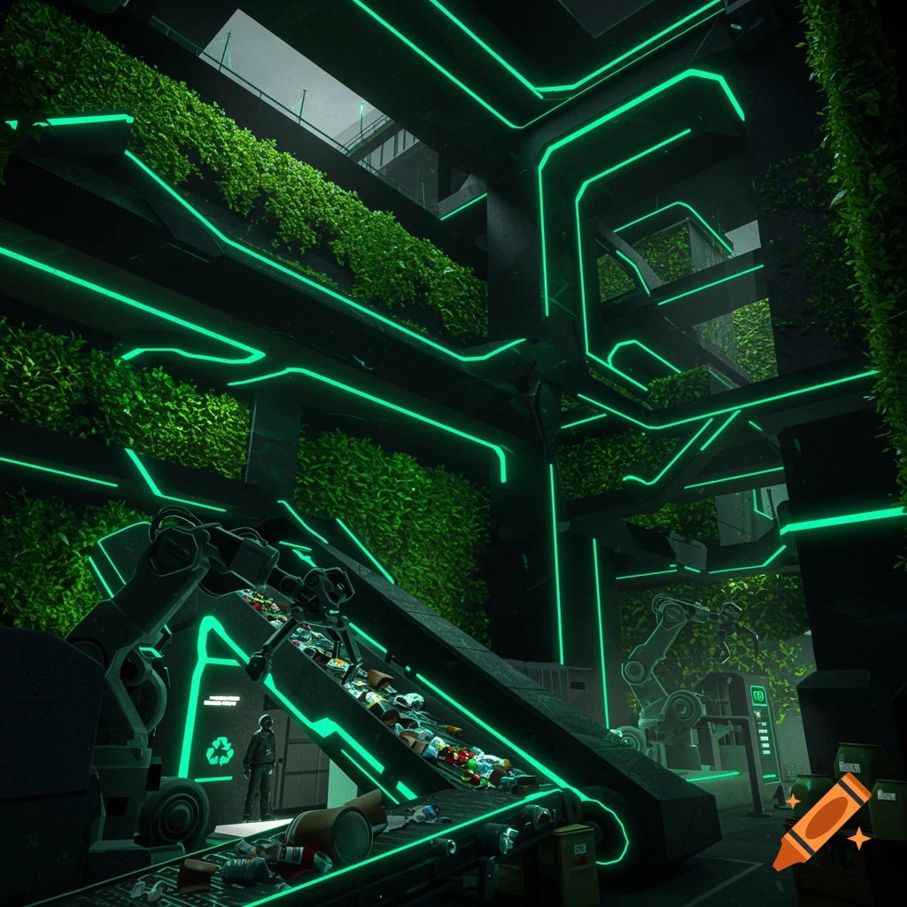 A futuristic, neon-green lit recycling facility with lush green walls and automated conveyor belts processing waste.