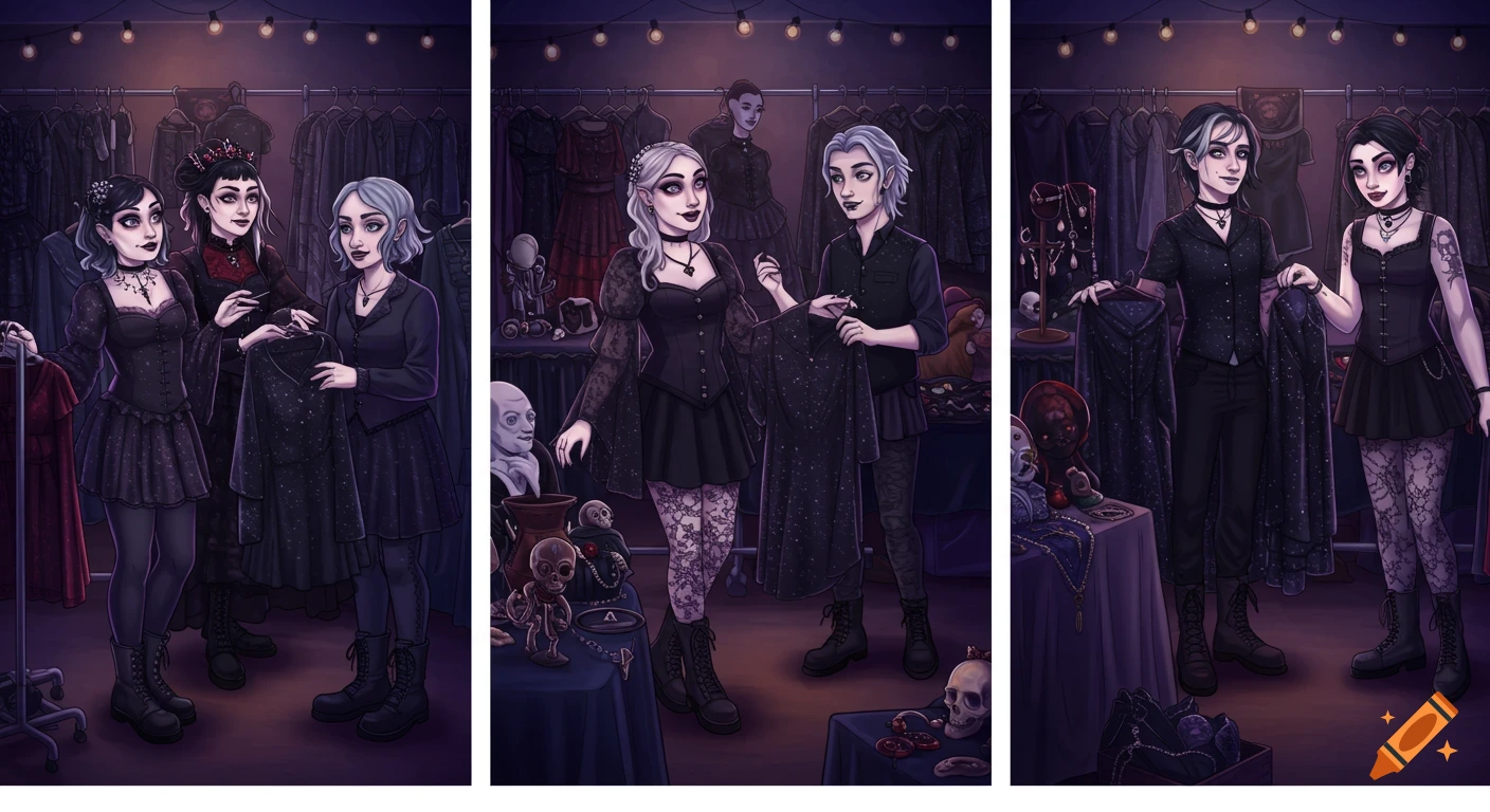 An illustration of gothic individuals interacting at a swap meet, showcasing dark clothing and unique trinkets.