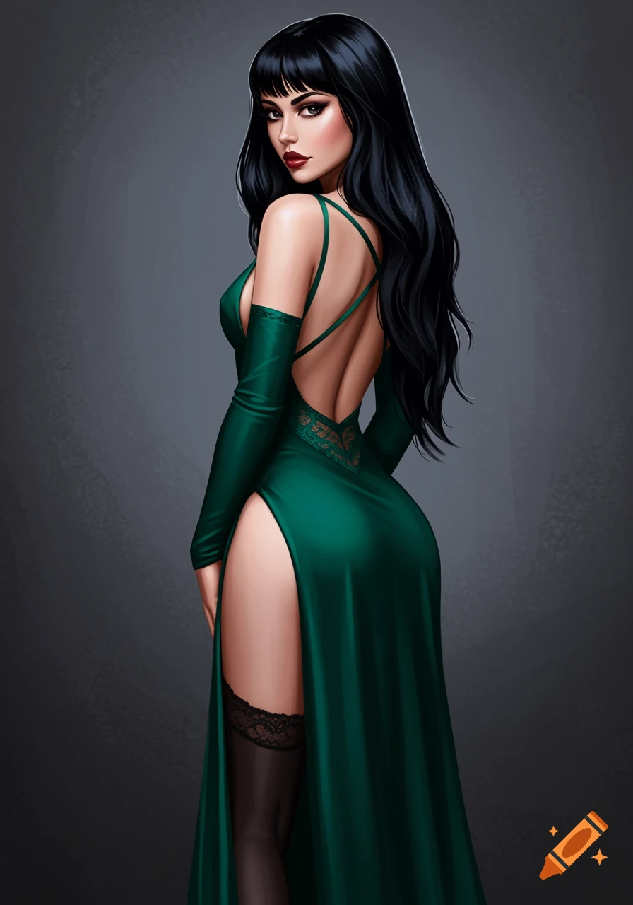 A woman with long black hair and red lipstick wears a form-fitting emerald green, backless dress with high thigh slits and black lace stockings, looking over her shoulder.