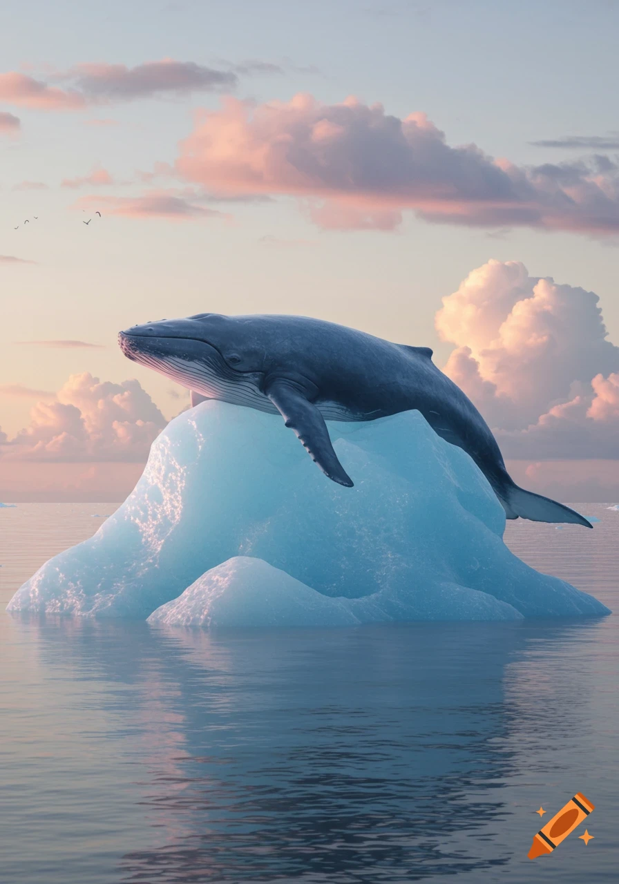 A large blue whale rests on a giant light blue iceberg in a calm ocean at sunset, with soft pink and purple clouds.