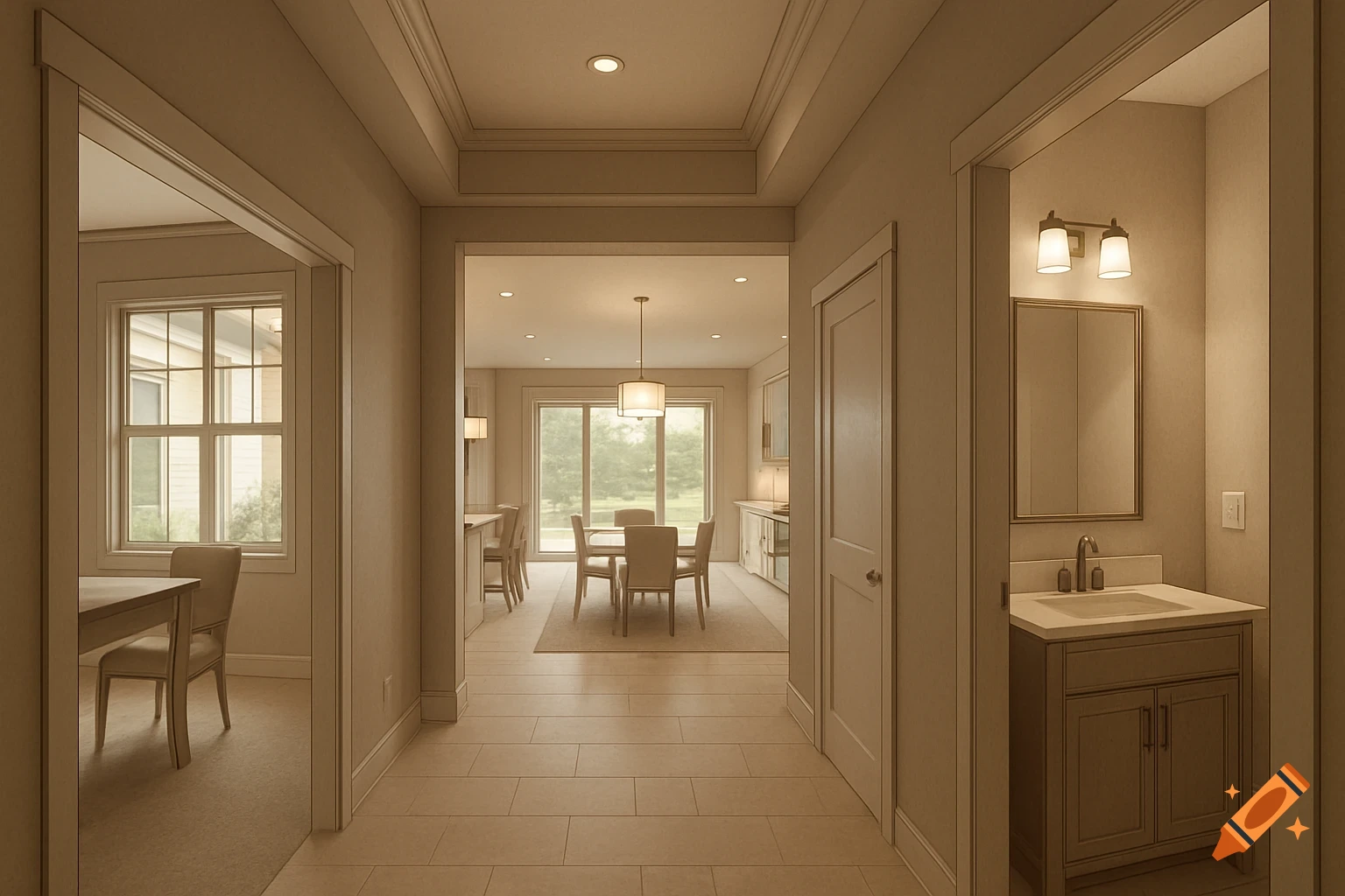Architectural rendering of a house interior, showing a hallway, dining area, and powder room in sepia tones.