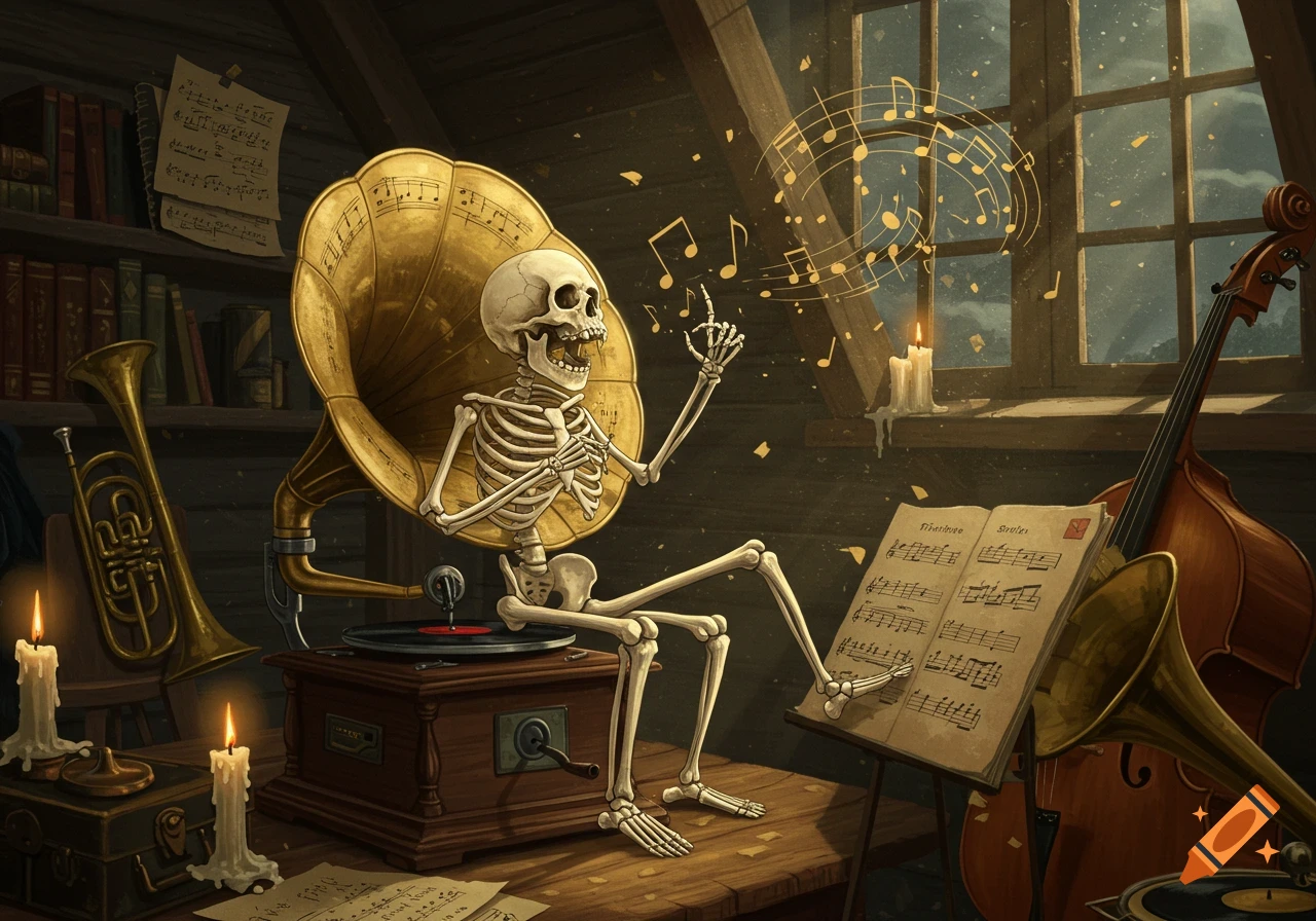 A skeleton sits at a gramophone in an attic, conducting golden musical notes floating in the air. Various instruments and candles surround it.