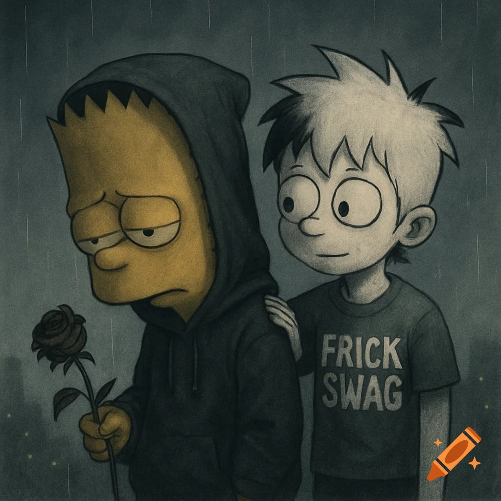 A stylized drawing of a sad Bart Simpson in a dark hoodie holding a black rose, being comforted by a white-haired kid in a 'FRICK SWAG' shirt in the rain.