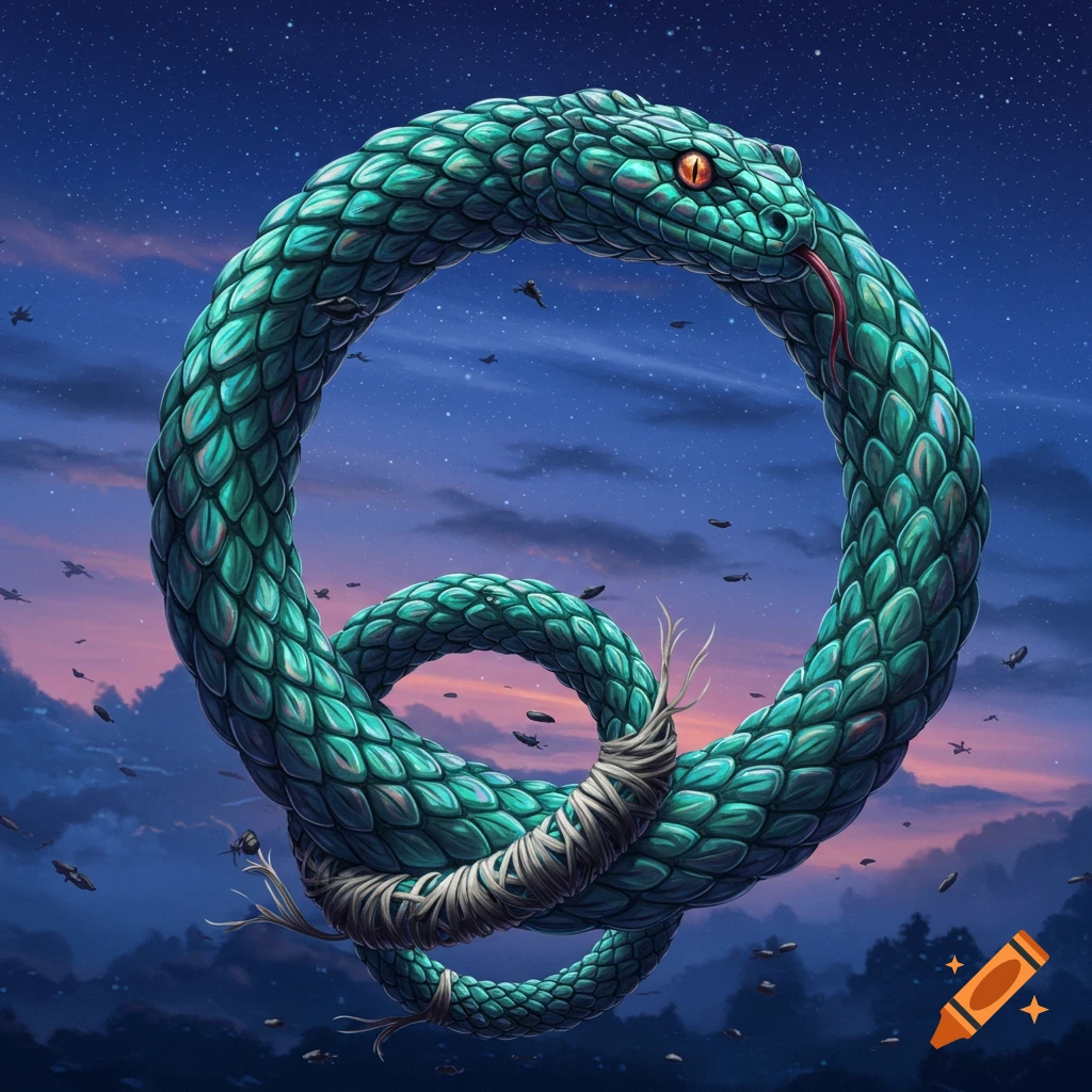 A vibrant teal ouroboros snake bites its tail, forming a circle, with a section wrapped in rope against a starry twilight sky.