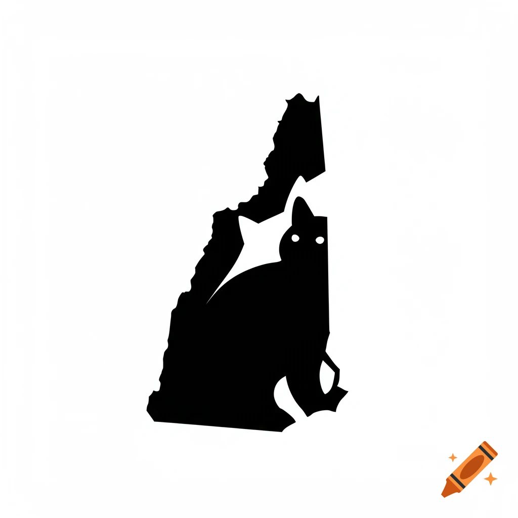 Black silhouette of a cat forming the shape of the state of New Hampshire.