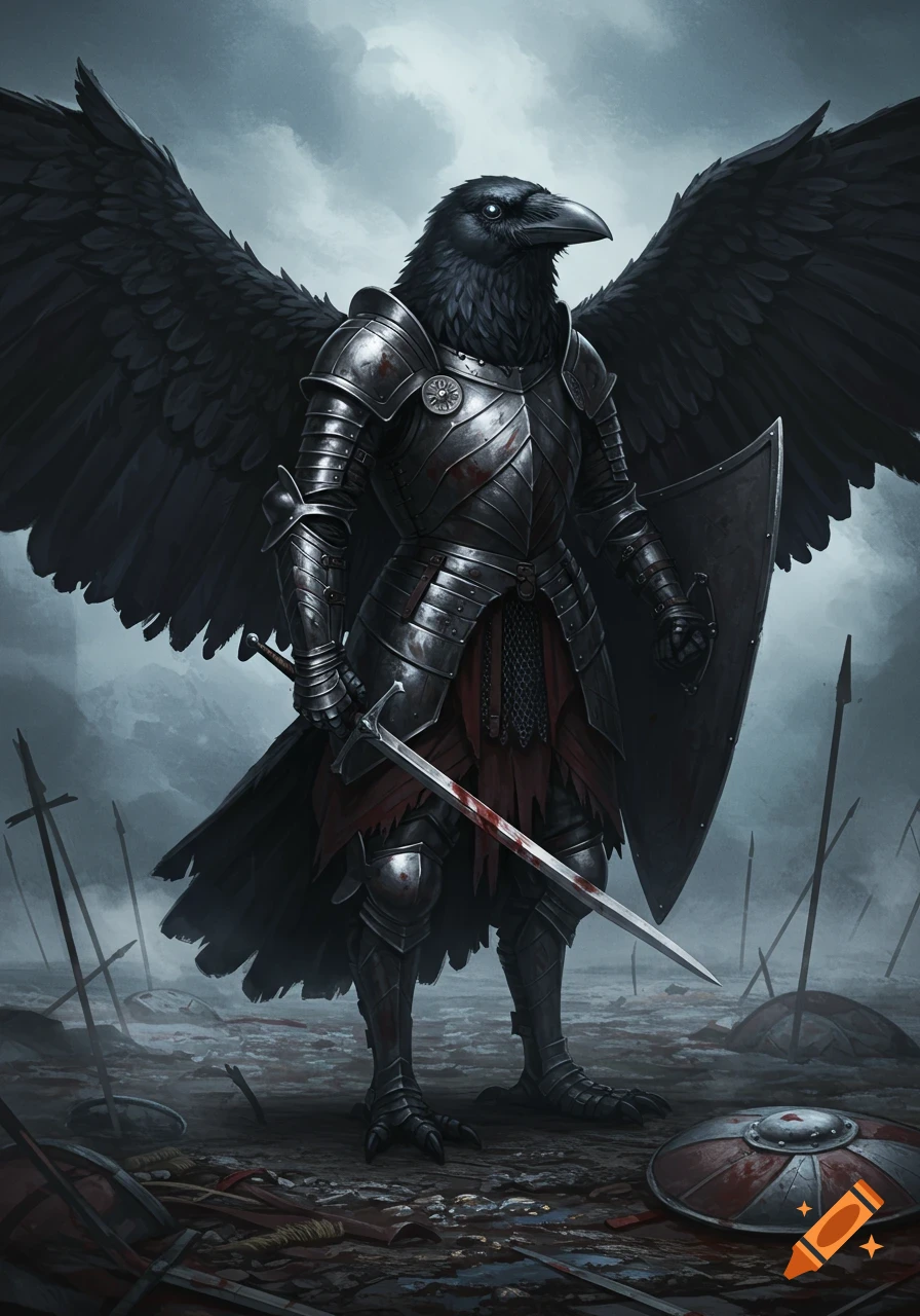 A crow-headed knight in dark armor stands on a bloodied battlefield, holding a sword and shield, in a dark fantasy digital art style.