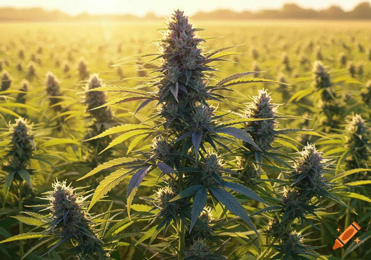 A close-up shot of a flowering cannabis plant in a field under a bright, sunny sky.