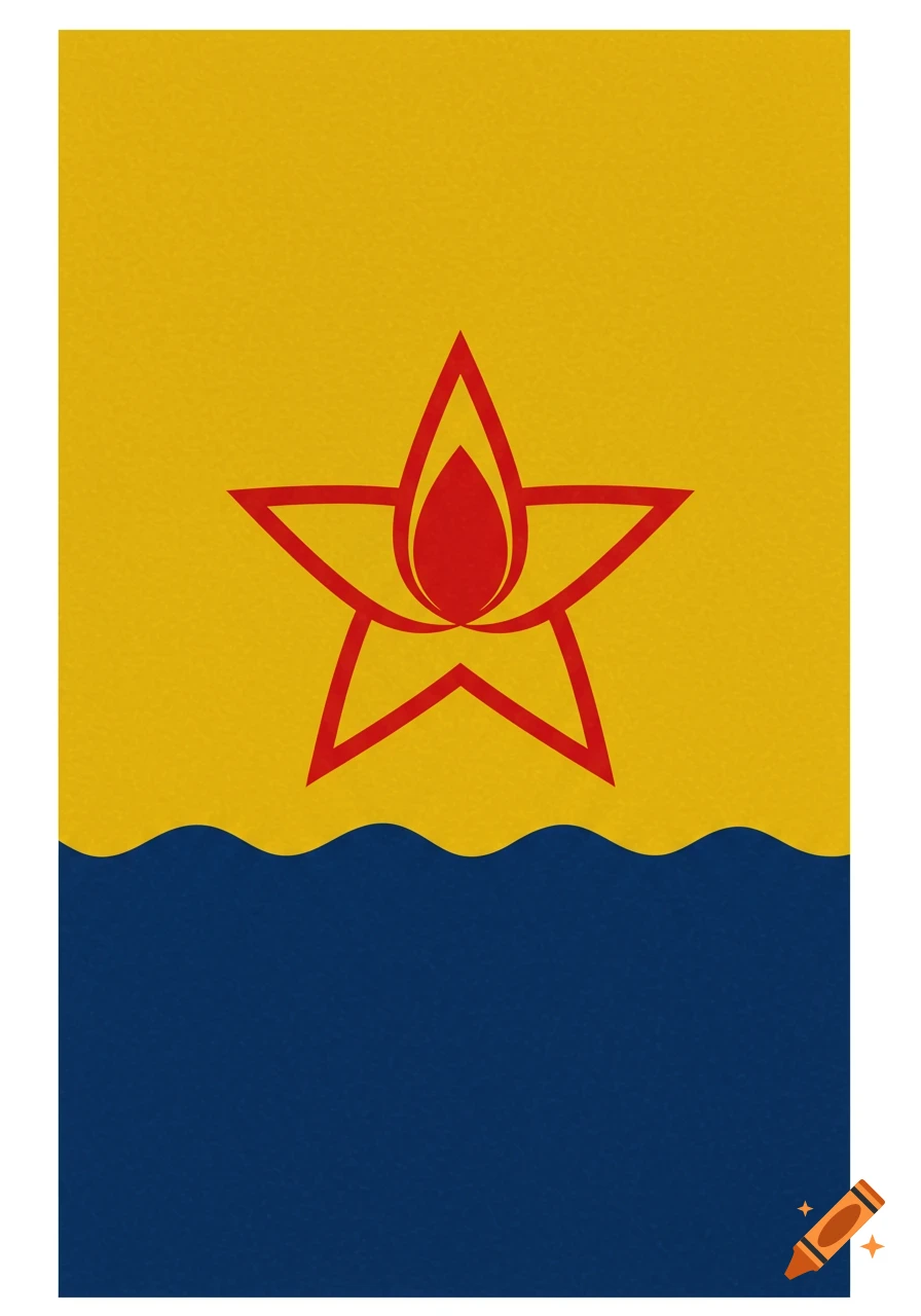 A flag design with a yellow top half, a wavy blue stripe, and a dark blue bottom half, featuring a red star with a flame in the center.
