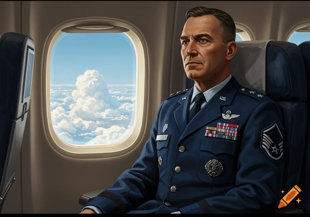 A man in a U.S. Air Force uniform sits on a commercial plane, looking out the window at fluffy white clouds.