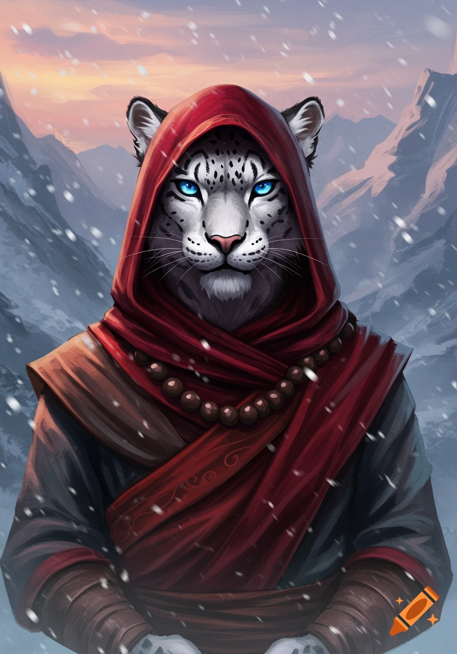 A close-up portrait of an anthropomorphic snow leopard monk wearing a red hooded robe and prayer beads, standing in a snowy mountain landscape at dusk, in a digital painting style.