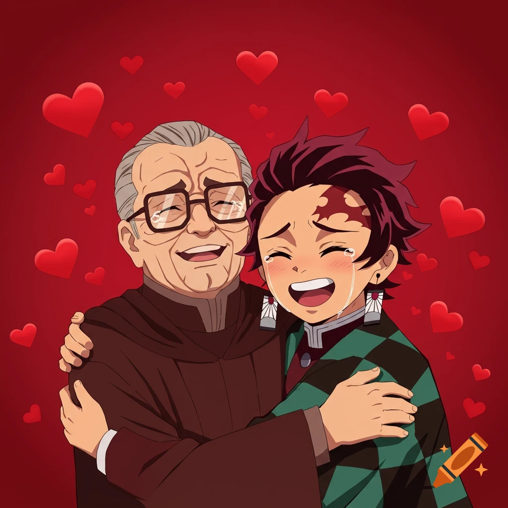 An older man with glasses and an anime boy with a scar on his forehead hugging, both crying tears of joy, surrounded by red hearts on a red background.