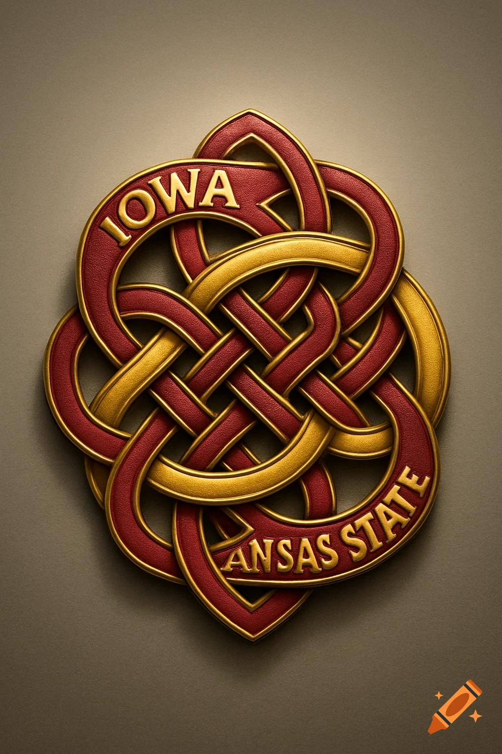 A golden and cardinal red Celtic knot with the words 'IOWA' and 'KANSAS STATE' woven into its design.