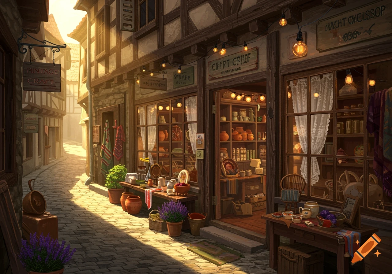 A quaint old town street scene with a craft shop lit by warm evening light. Cobblestone street, timber-framed buildings, and potted flowers.