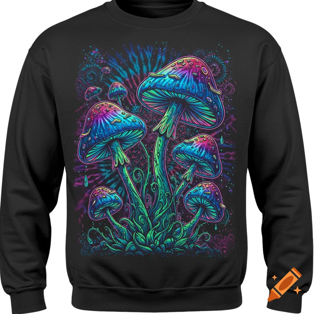 A vibrant psychedelic mushroom design in blue, pink, and green on a black sweatshirt with a tie-dye background.