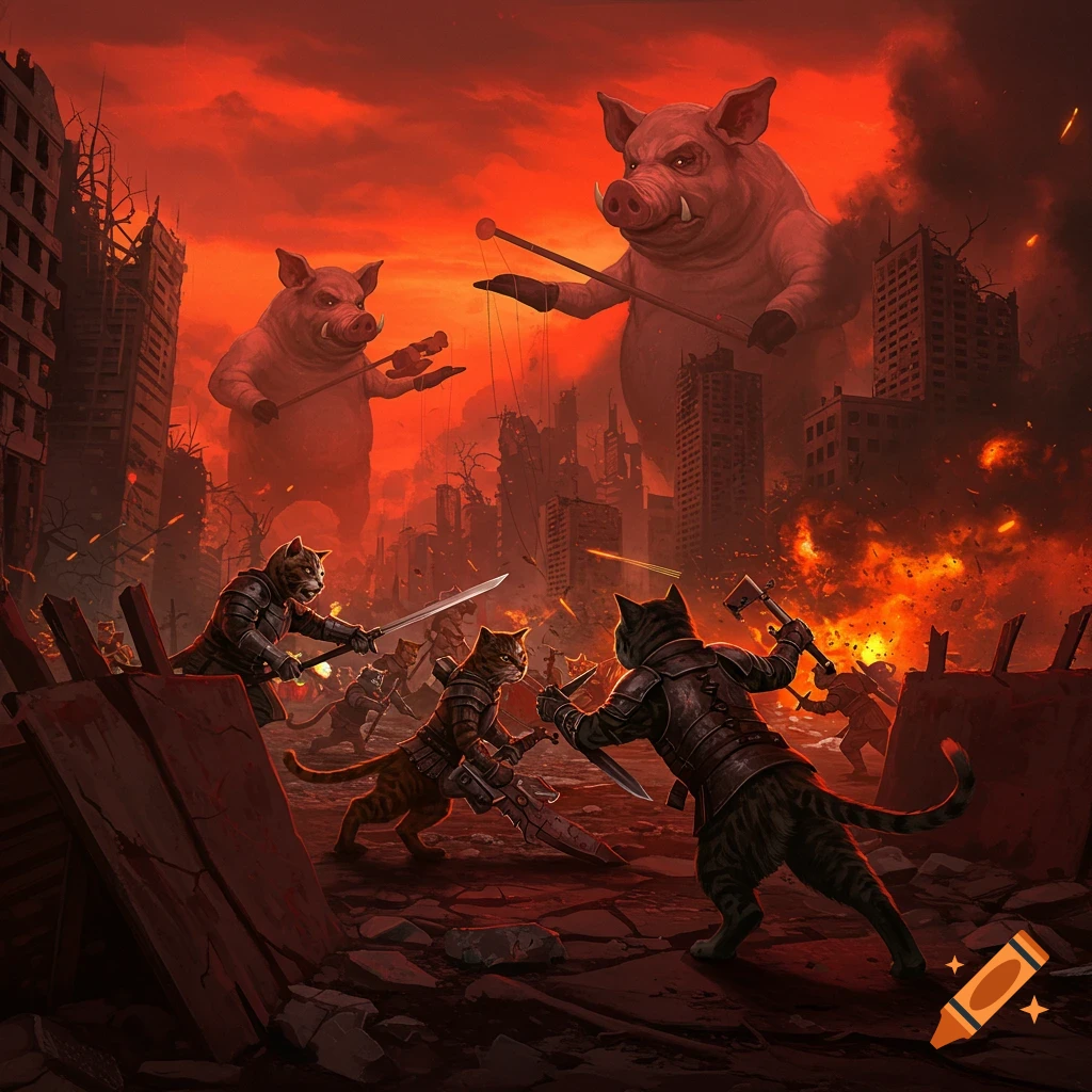 Anthropomorphic cats in armor battle in a ruined city under a red sky, while giant pigs in the background control them with marionette strings.