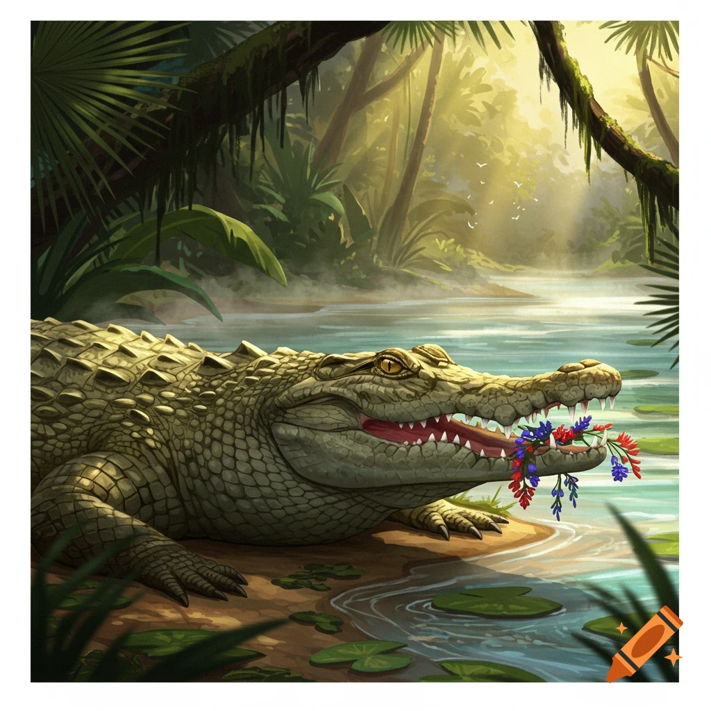 An illustration of a crocodile with red and blue flowers in its mouth, sitting by a river in a sunlit jungle.