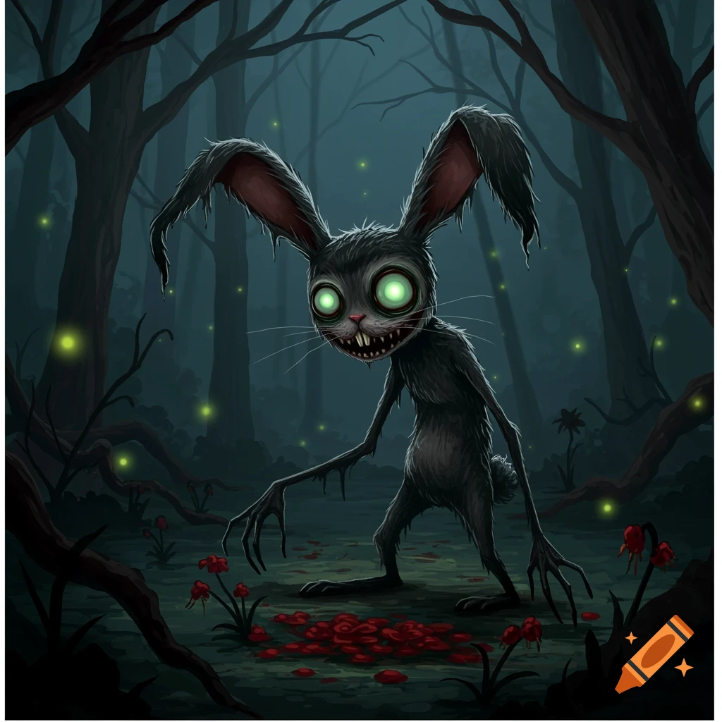A creepy, gaunt, black rabbit with glowing green eyes and sharp teeth stands in a dark, eerie forest with red plants.