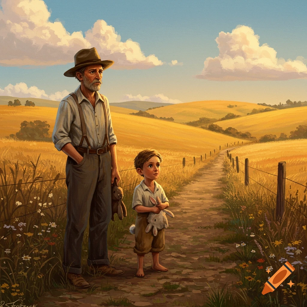 A painterly illustration of an old man and a young boy standing on a dirt path in a golden field under a blue sky.