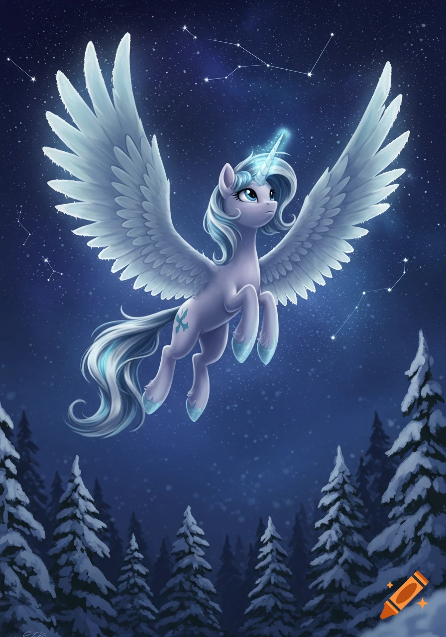A majestic white alicorn with a glowing horn and light blue mane and tail flies gracefully above a snowy forest under a dark, starry night sky with visible constellations.