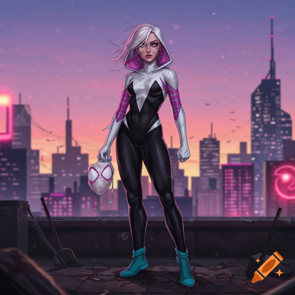 Spider-Gwen in a torn suit stands on a city rooftop at sunset, holding her mask in a vibrant comic book style.