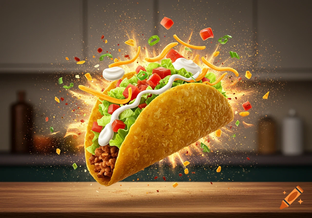 A photorealistic exploding taco with lettuce, cheese, tomatoes, and sour cream flying outwards over a wooden table.