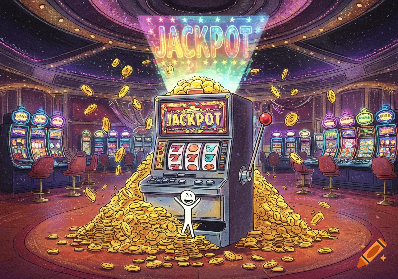 A colorful hand-drawn illustration of a jackpot slot machine overflowing with gold coins in a vibrant casino, with a happy stick figure.