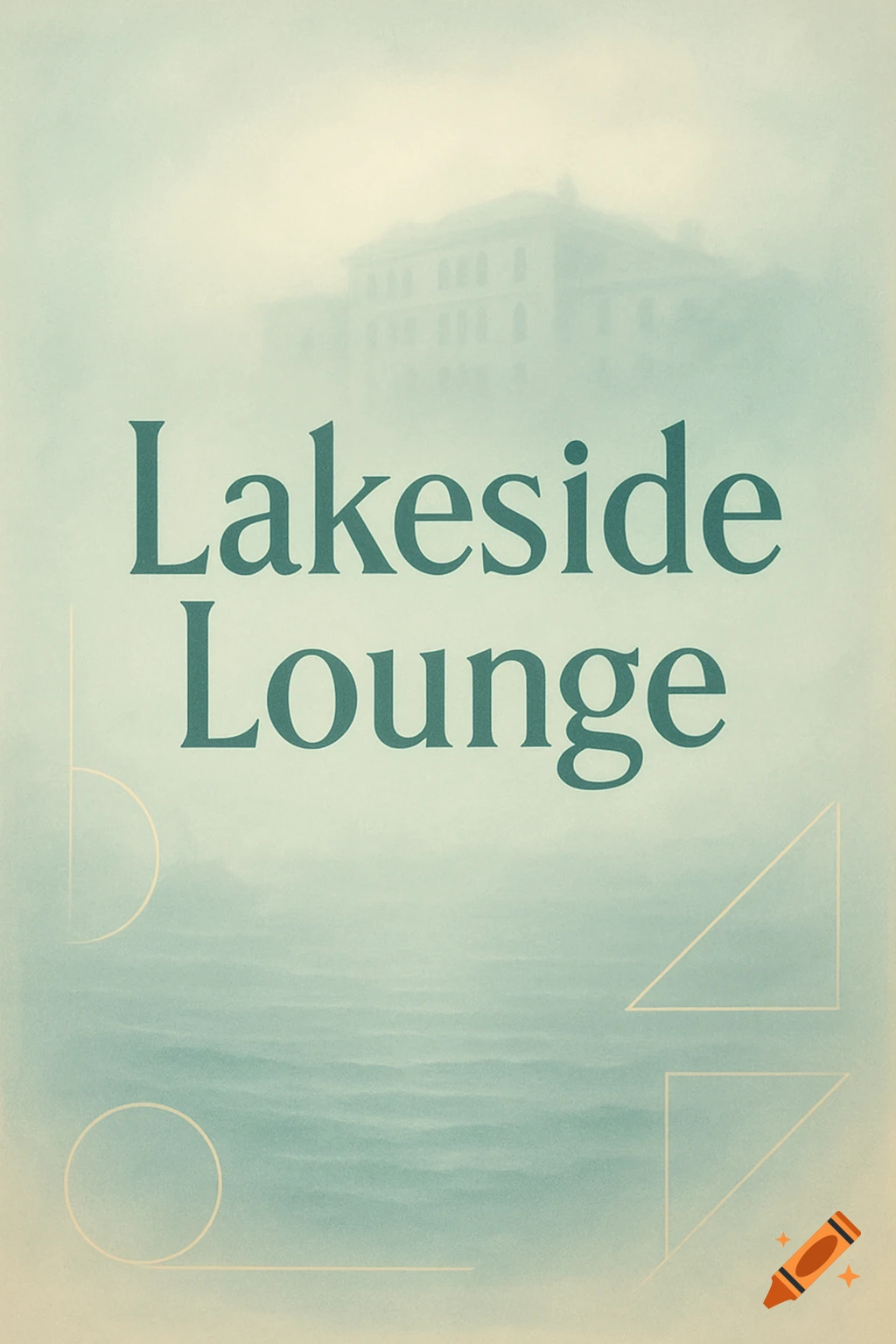 Text 'Lakeside Lounge' in dark teal over a misty lake scene with a faint building silhouette and abstract geometric shapes.