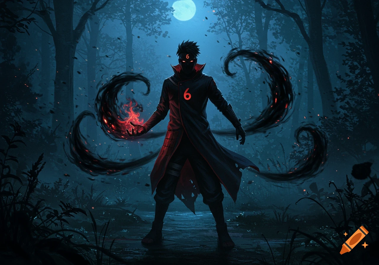 A dark figure with glowing red eyes and a '6' on his chest stands in a moonlit forest, conjuring black flames, digital art style.